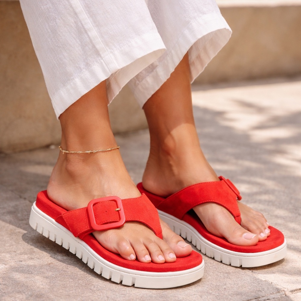 Vionic Uptown Marin Red Platform Thong Buckle Comfort Lug Sole Sandals 7.5 Wide